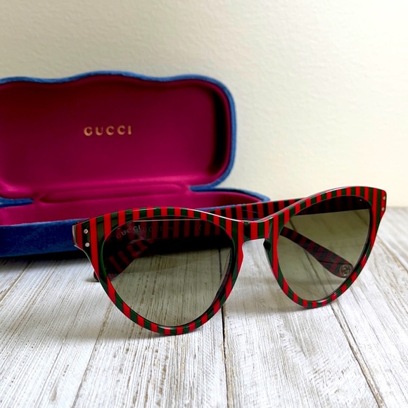 Gucci Red Green Stripe Cat Eye Sunglasses 54mm NEW